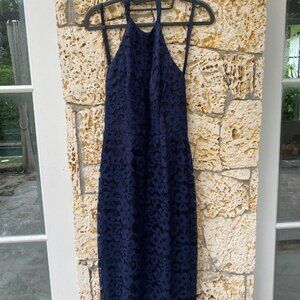 Halter neck blue lace cocktail dress